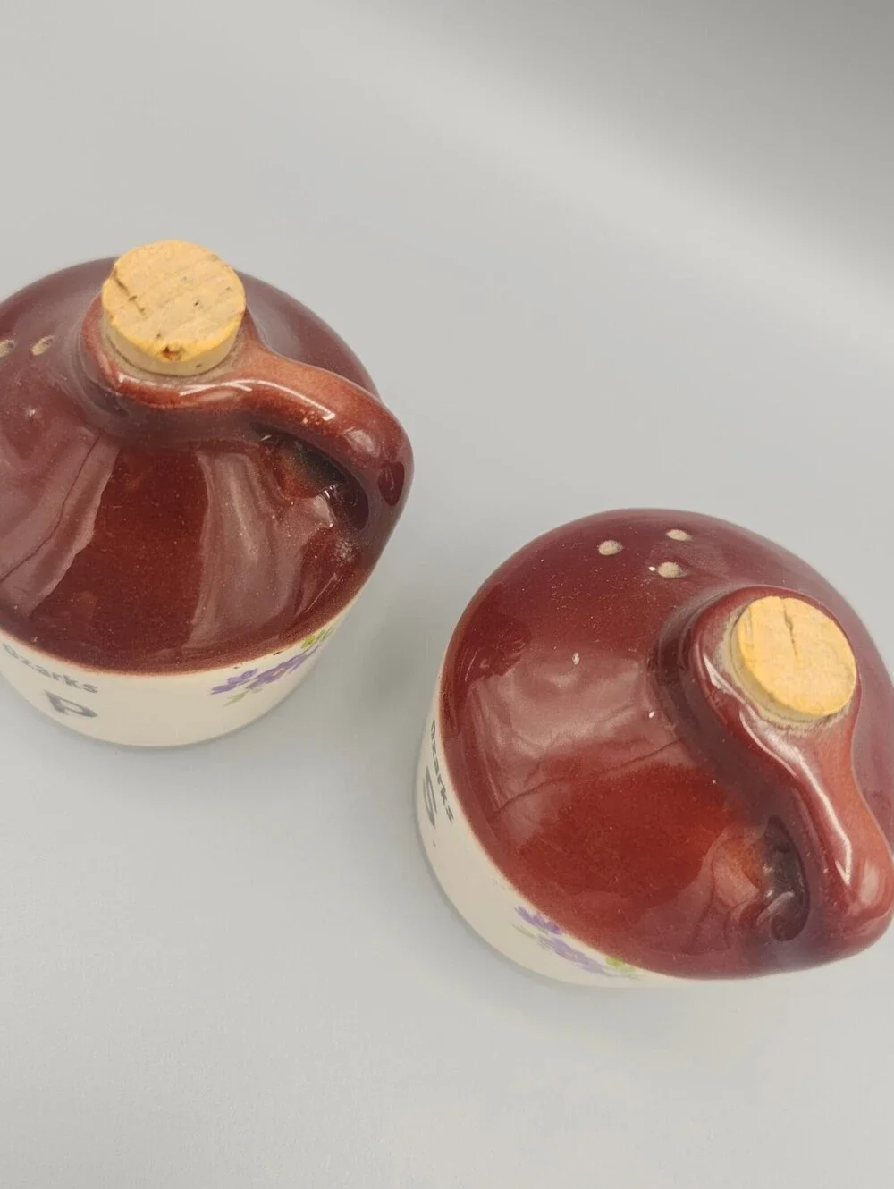 Vintage Ozarks Ceramic Salt and Pepper Shakers with Cork Stoppers